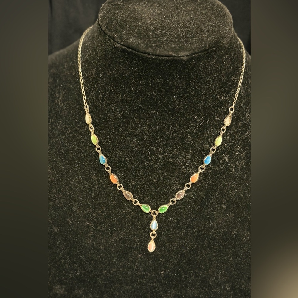 Vintage Mexican Sterling Silver 925 Multicolor Opal Inlay Station Necklace